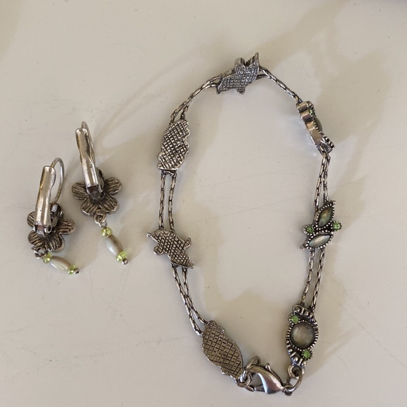 Handmade Silver Bracelet & Earrings Green & Opalescent oval round Gemstones Set - Picture 9 of 13